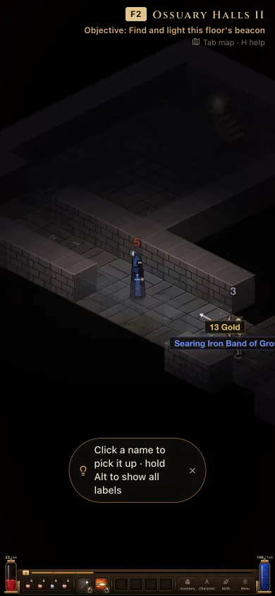 Ember Abyss 手机版:星咒术士在幽骨墓穴第二层,战斗后地上掉落了金币和一枚蓝色魔法戒指